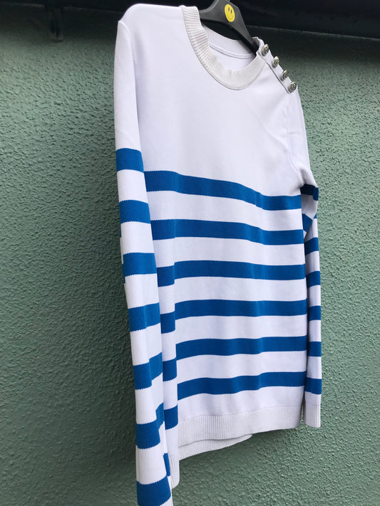 Blue and White Striped Jumper with Button Detail